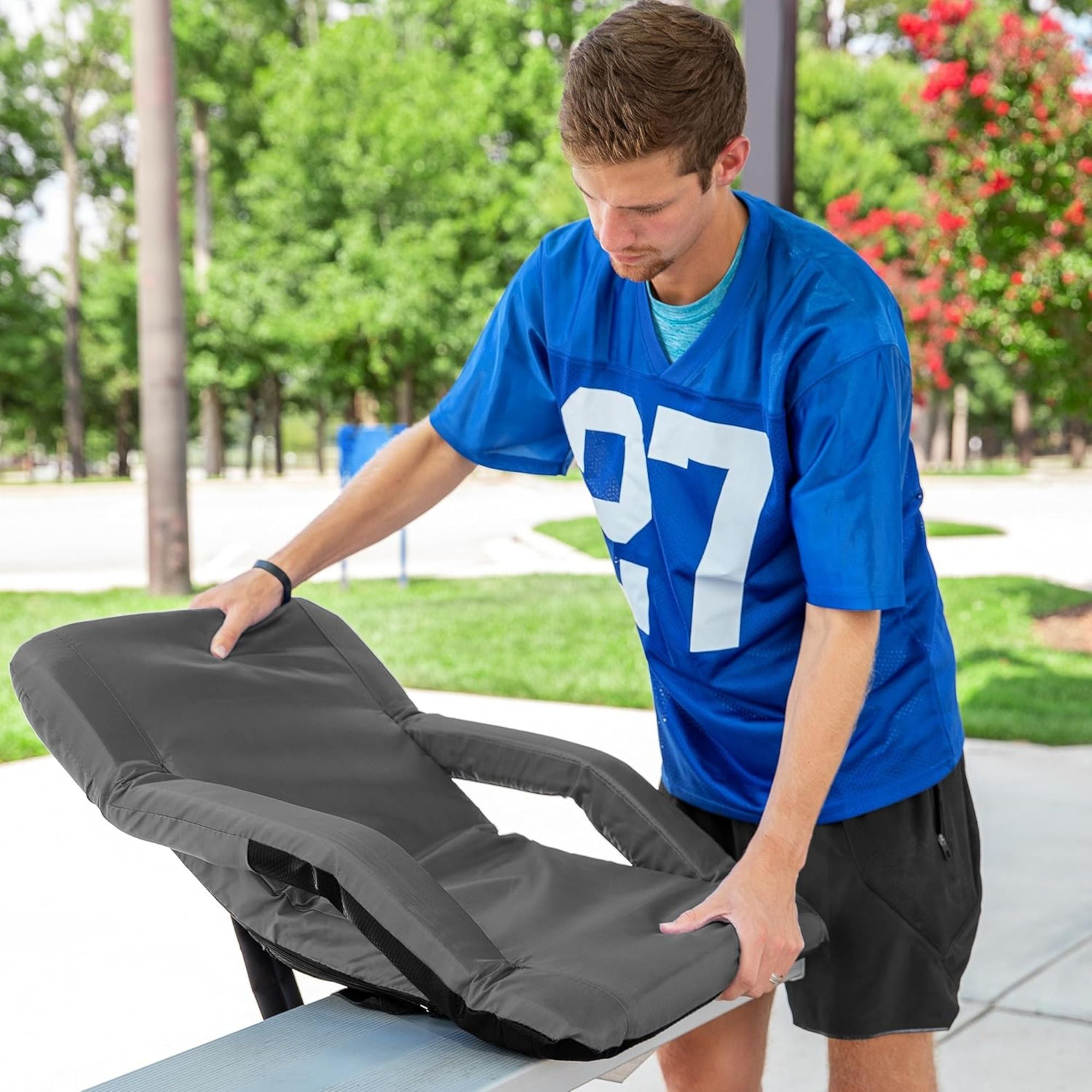 Camco 2 Pack Stadium Seat Foldable Padded Back Support Cushion , Armrests, Grey - VMInnovations