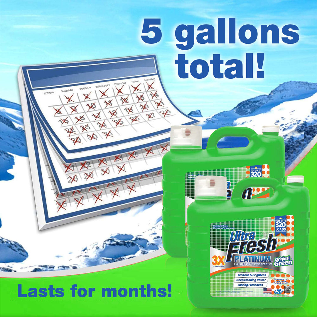 Ultra Fresh 2 Pack 3X Platinum Liquid Laundry Detergent 320 Load, Original Green