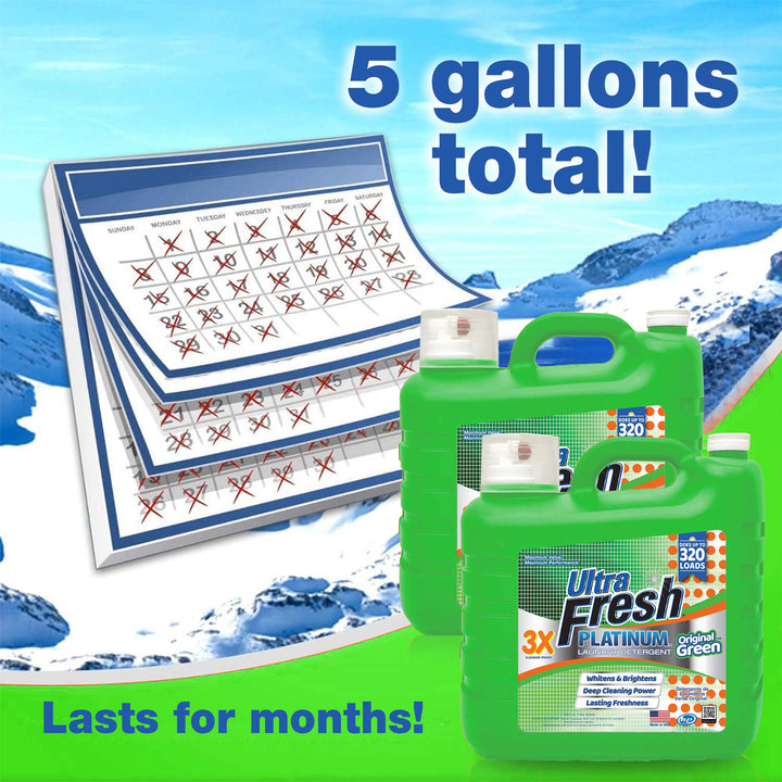 Ultra Fresh 2 Pack 3X Platinum Liquid Laundry Detergent 320 Load, Original Green