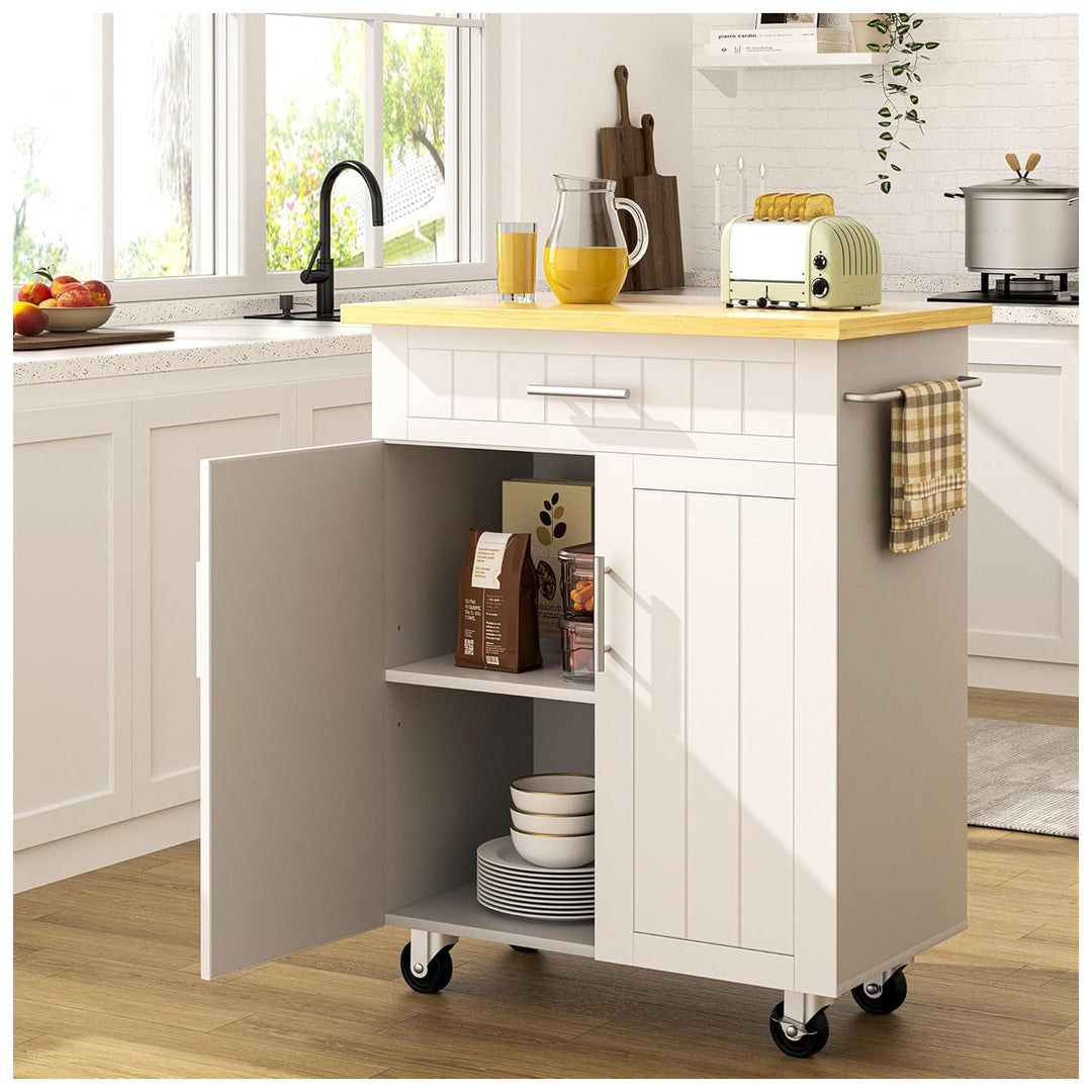 SUNLEI Island Cart on Wheels, Drawer & Storage Cabinet, 26" Wide (Open Box)