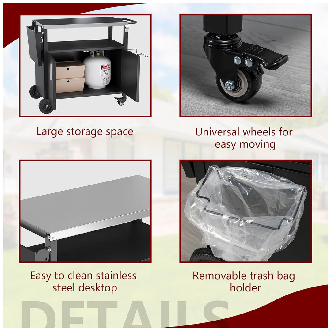 Vongrasig Grill Cart with Storage, Rolling BBQ Bar Table Stand, Black (Used)