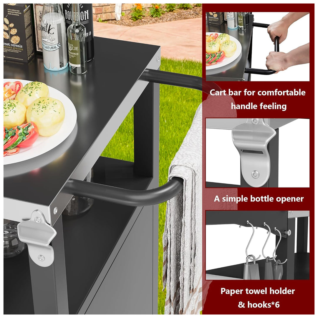 Vongrasig Grill Cart with Storage, Rolling BBQ Bar Table Stand, Black(Open Box)