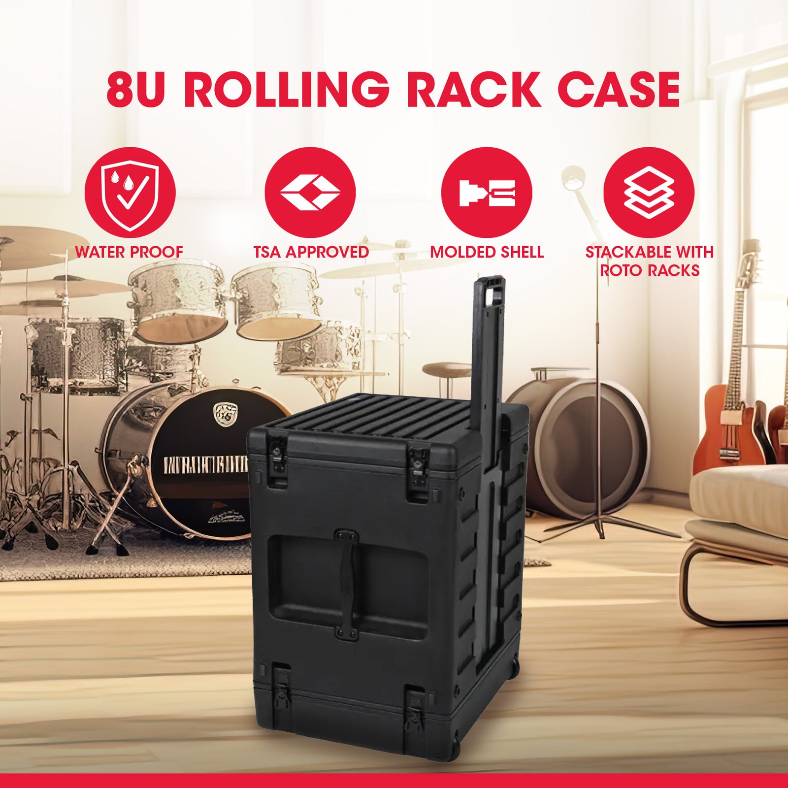 SKB 8U rSeries Rolling Rack with Integrated Back Wheels and 1-Touch Pull Handle - VMInnovations