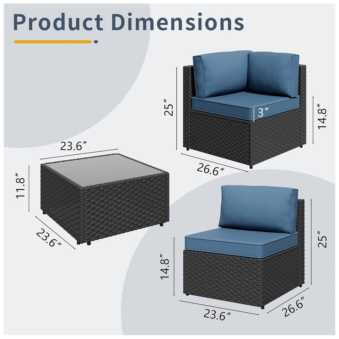 SUNLEI 5pc Patio Furniture Set, Black Rattan Sofa w/Table, Aegean Blue(Open Box)