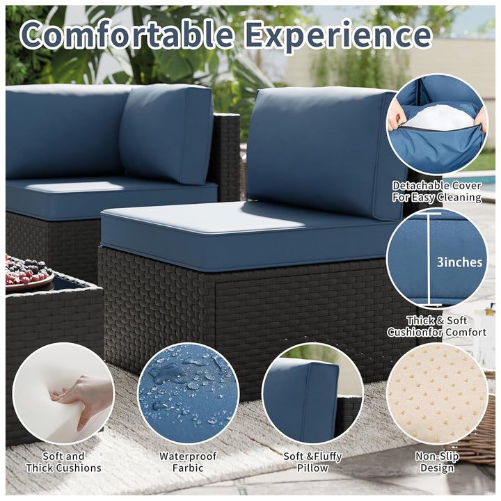 SUNLEI 5pc Patio Furniture Set, Black Rattan Sofa w/Table, Aegean Blue (Used)