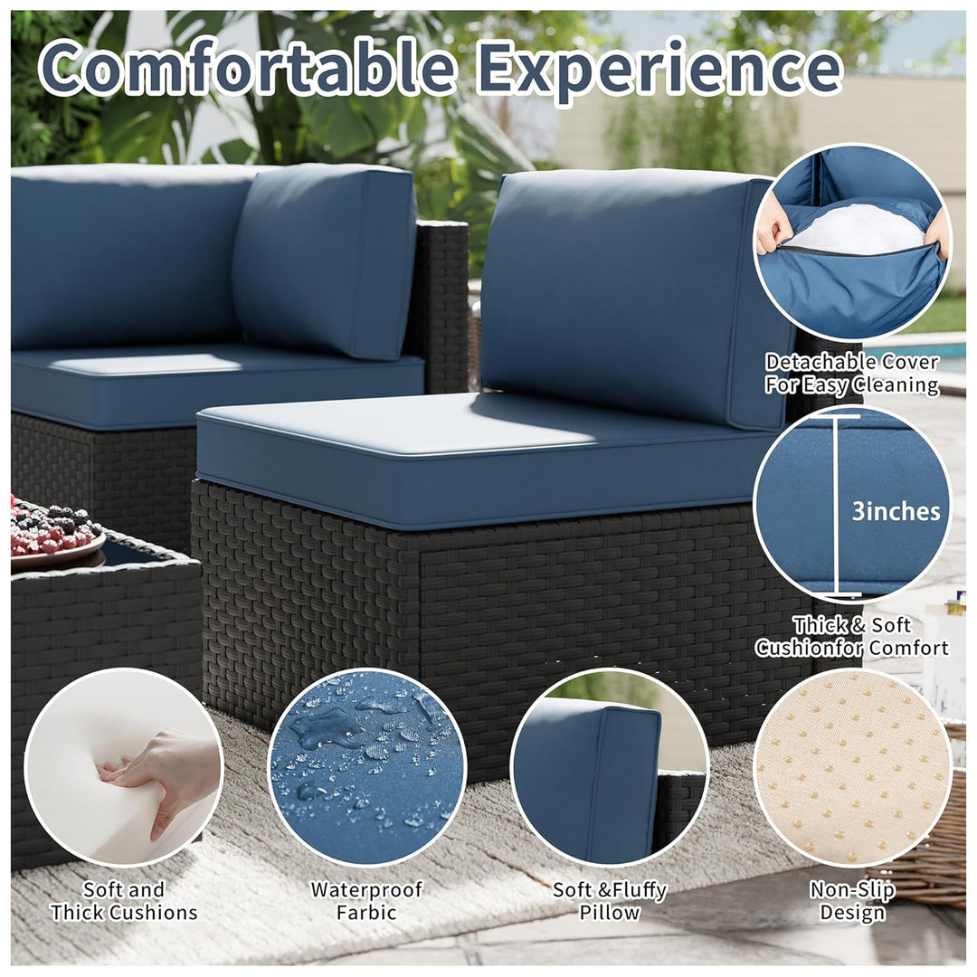 SUNLEI 5pc Patio Furniture Set, Black Rattan Sofa w/Table, Aegean Blue (Used)