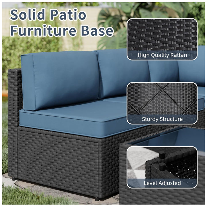 SUNLEI 5pc Patio Furniture Set, Black Rattan Sofa w/Table, Aegean Blue (Used)