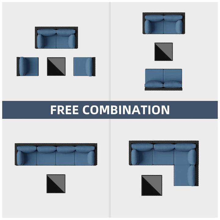 SUNLEI 5pc Patio Furniture Set, Black Rattan Sofa w/Table, Aegean Blue(Open Box)