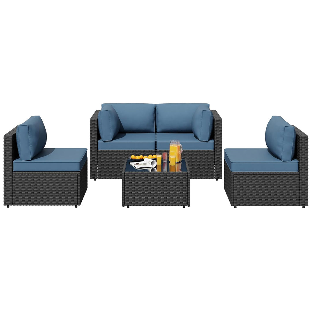 SUNLEI 5pc Patio Furniture Set, Black Rattan Sofa w/Table, Aegean Blue(Open Box)