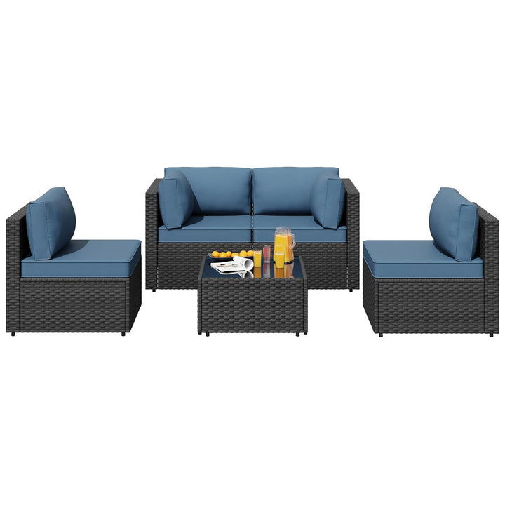SUNLEI 5pc Patio Furniture Set, Black Rattan Sofa w/Table, Aegean Blue(Open Box)