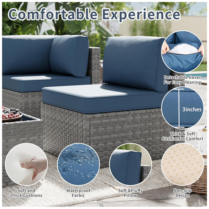 SUNLEI 5pc Patio Set, Silver Rattan Sofa w/Table, Aegean Blue(Open Box)