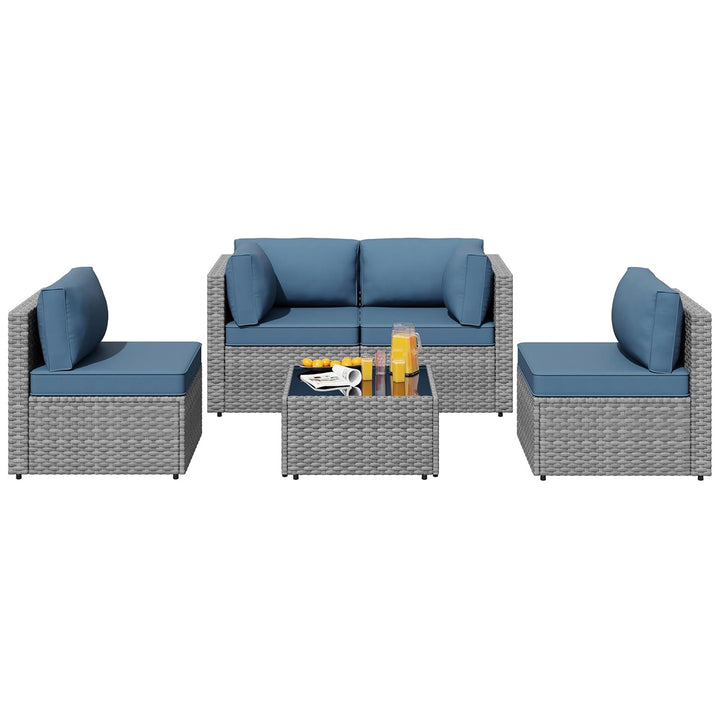 SUNLEI 5pc Patio Furniture Set, Silver Rattan Sofa with Table, Aegean Blue(Used)