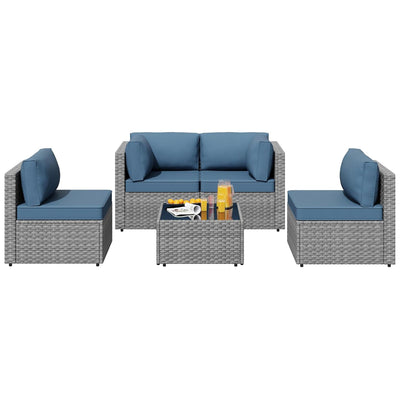 SUNLEI 5pc Patio Furniture Set, Silver Rattan Sofa with Table, Aegean Blue(Used) - VMInnovations