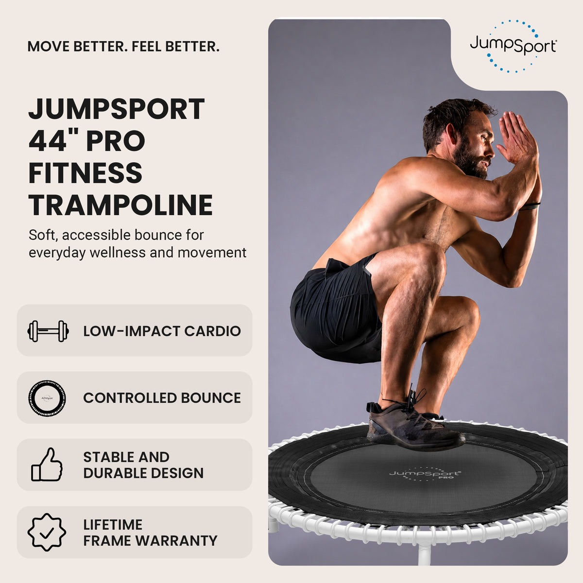 JumpSport 44 Inch PRO Workout Rebounder for Adults 44" Fitness Trampoline, Black