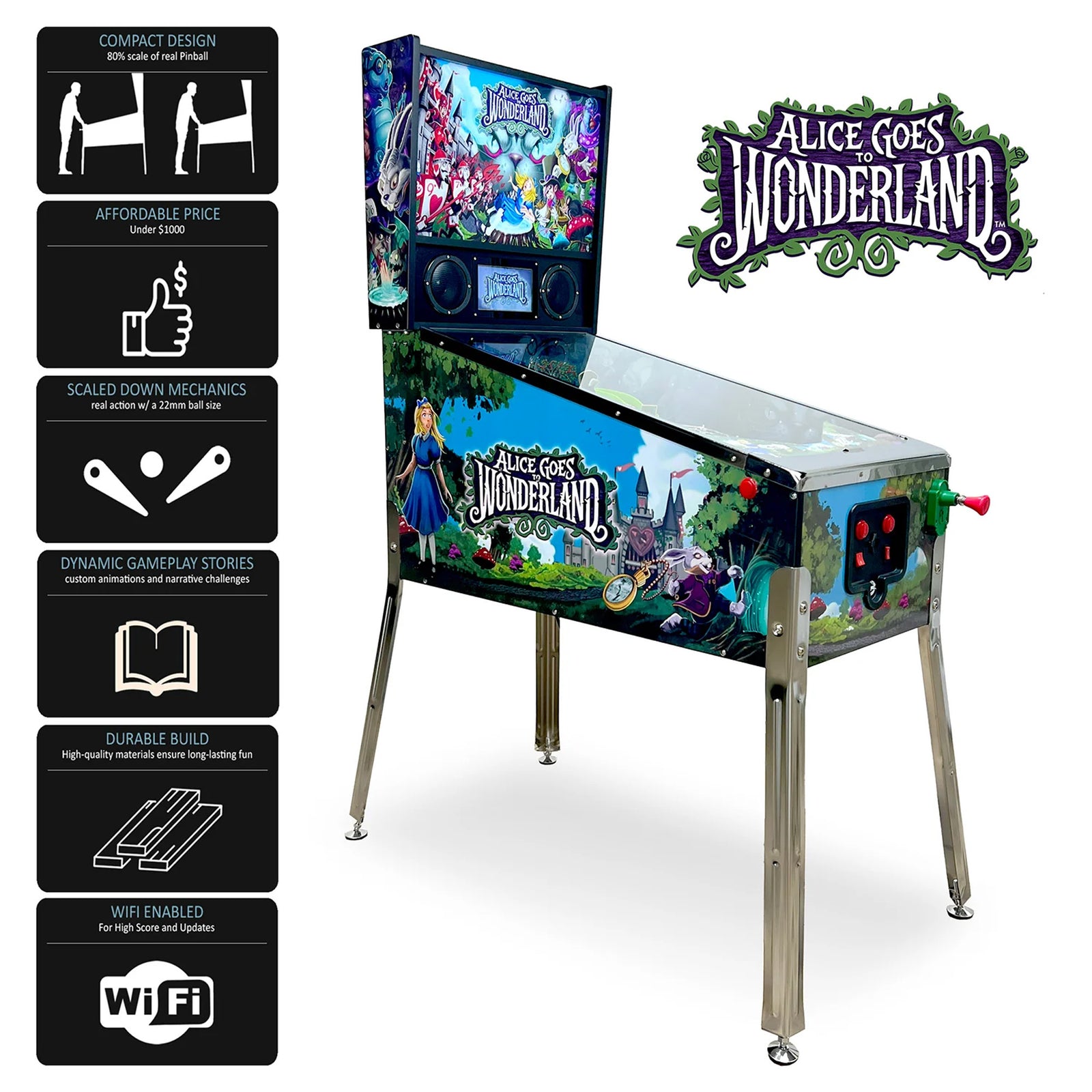 Wonderland Amusements Alice Goes to Wonderland Pinball Machine with LED Lighting - VMInnovations