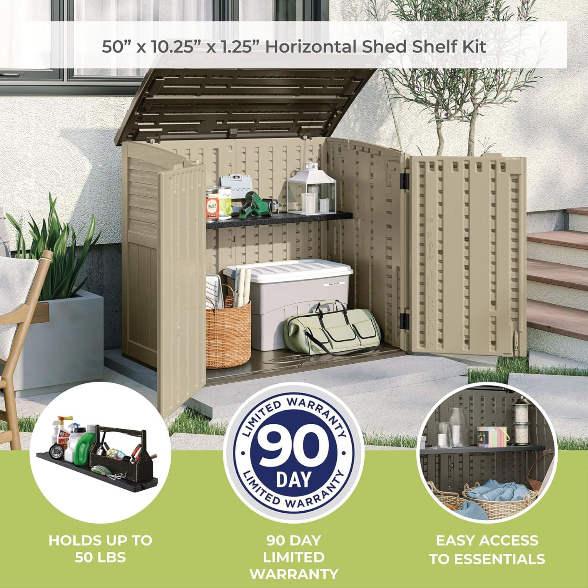 Suncast 3 Pack Horizontal Shed Shelf Space Saving Wall Outdoor Storage, Black