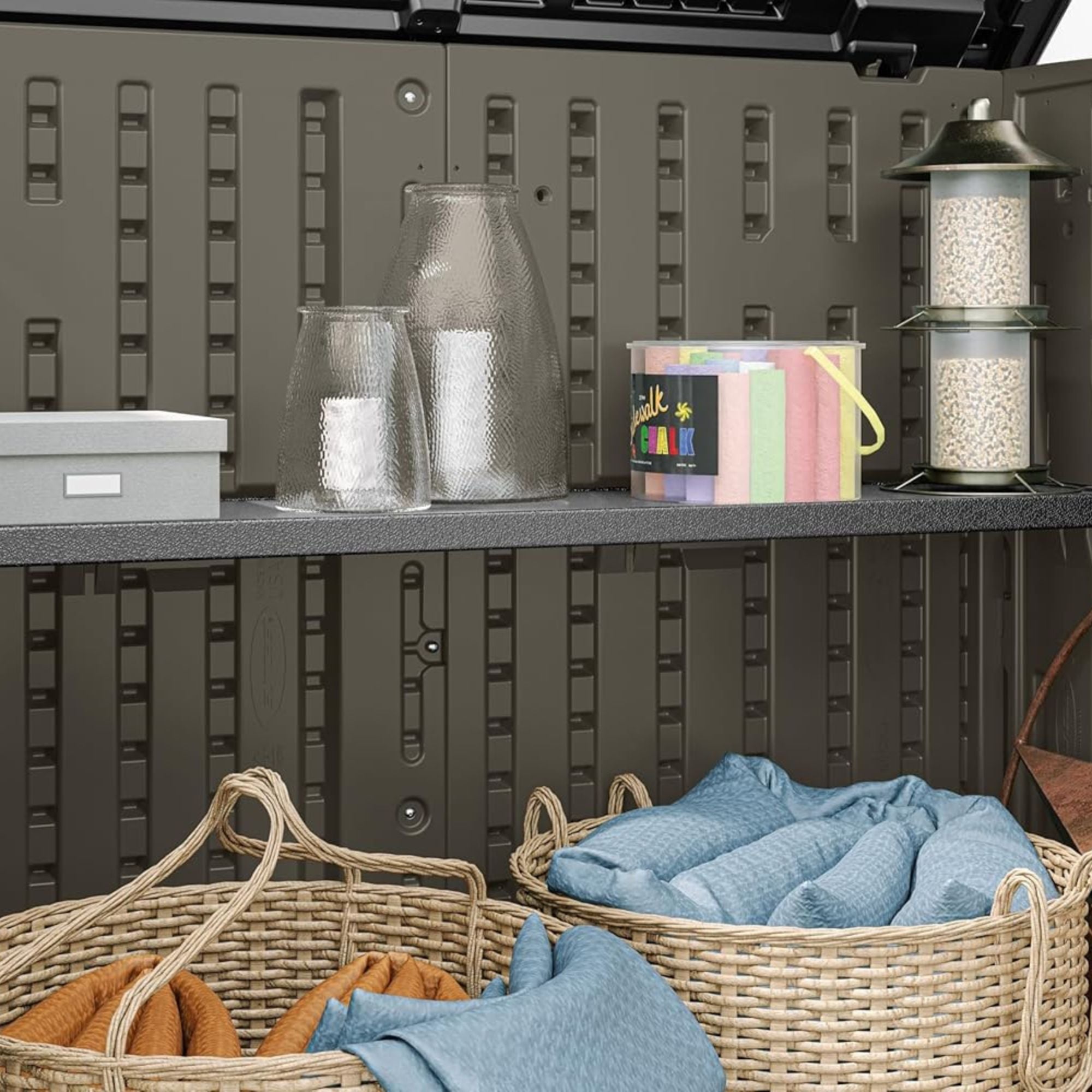 Suncast 6 Pack Horizontal Shed Shelf Space Saving Wall Outdoor Storage, Black