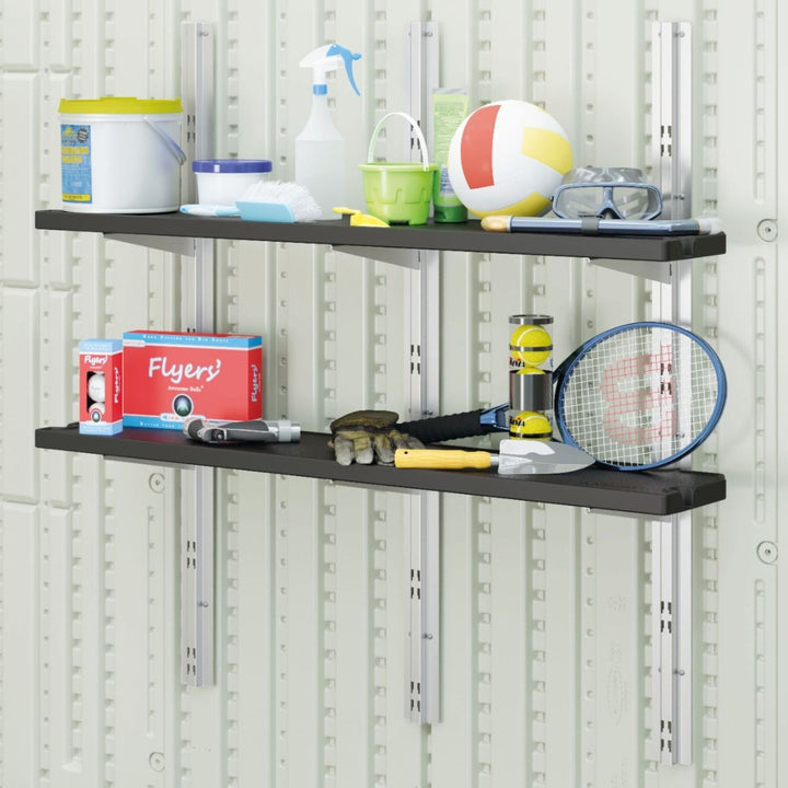 Suncast Vertical Shed 2 Shelf Kit Space Saving Wall Mount Outdoor Storage, Black