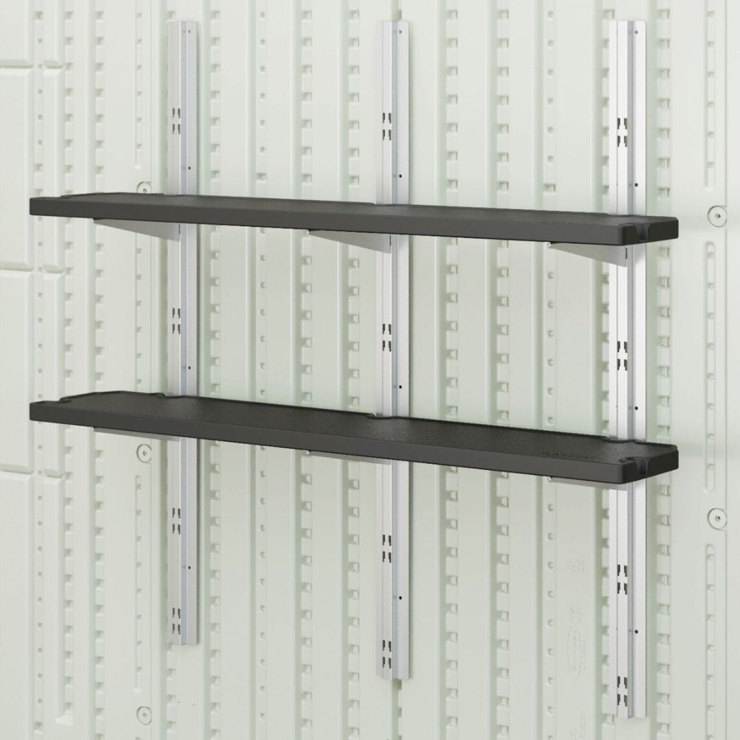 Suncast Vertical Shed 2 Shelf Kit Space Saving Wall Mount Outdoor Storage, Black