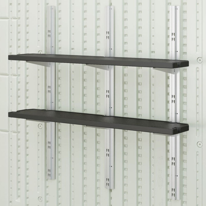 Suncast Vertical Shed 2 Shelf Kit Space Saving Wall Mount Outdoor Storage, Black