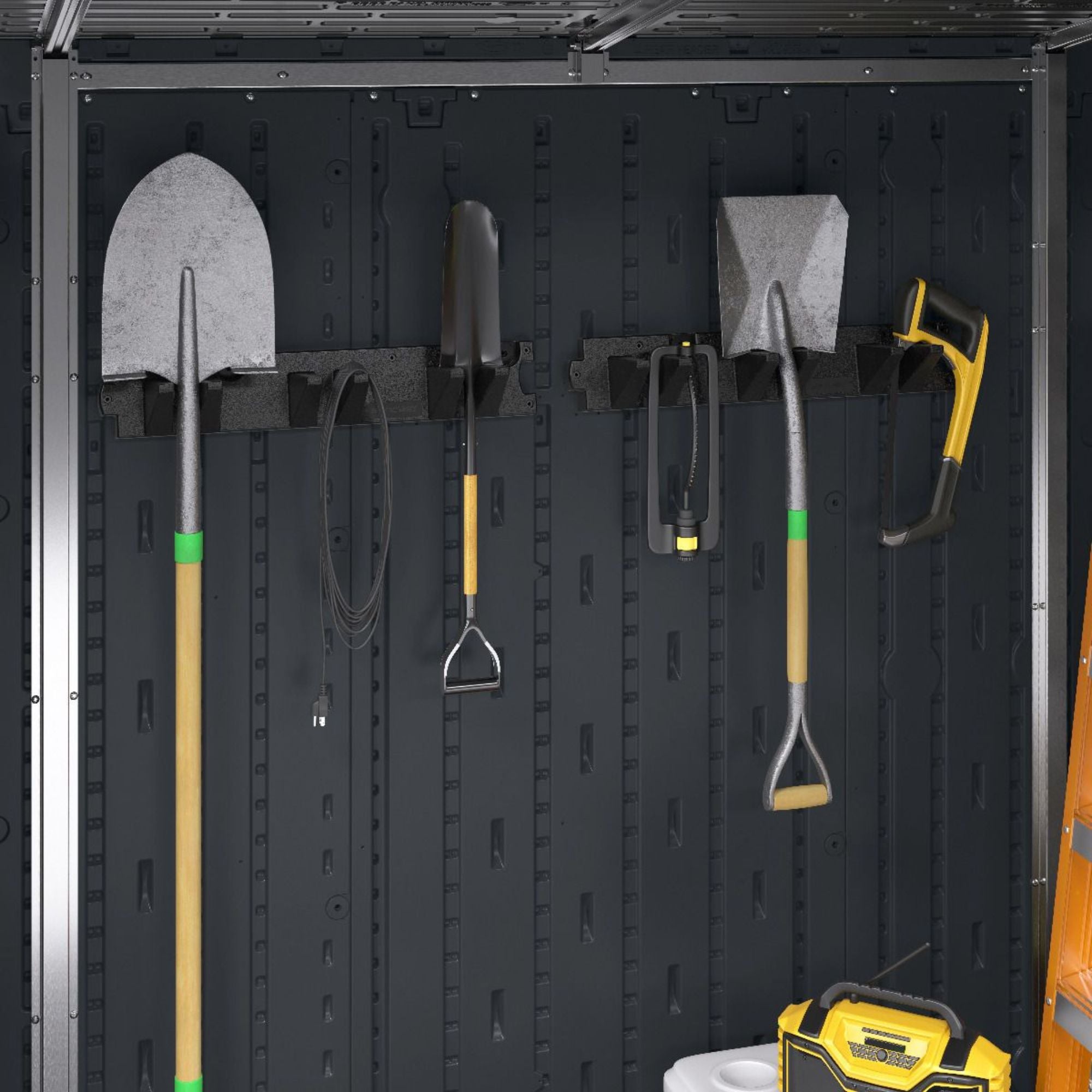 Suncast 4 Pack Long Handle Garage Wall Tool Organizer, Resin Storage Rack, Black
