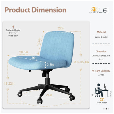 SUNLEI Cross-Legged Chair w/Wheels, Adjustable Swivel, Armless, Blue(Open Box) - VMInnovations