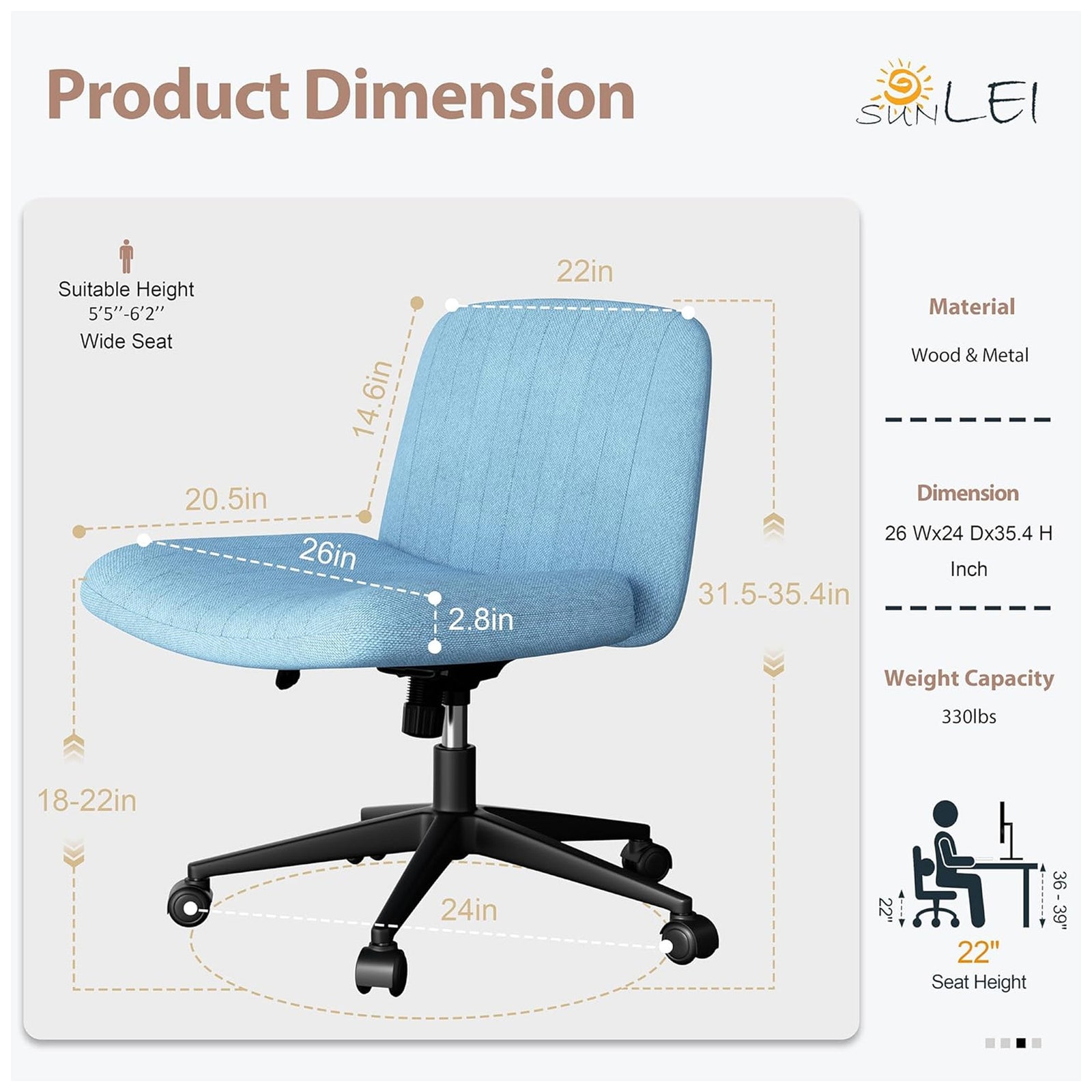 SUNLEI Cross-Legged Office Chair w/Wheels, Adjustable Swivel, Blue (Used) - VMInnovations
