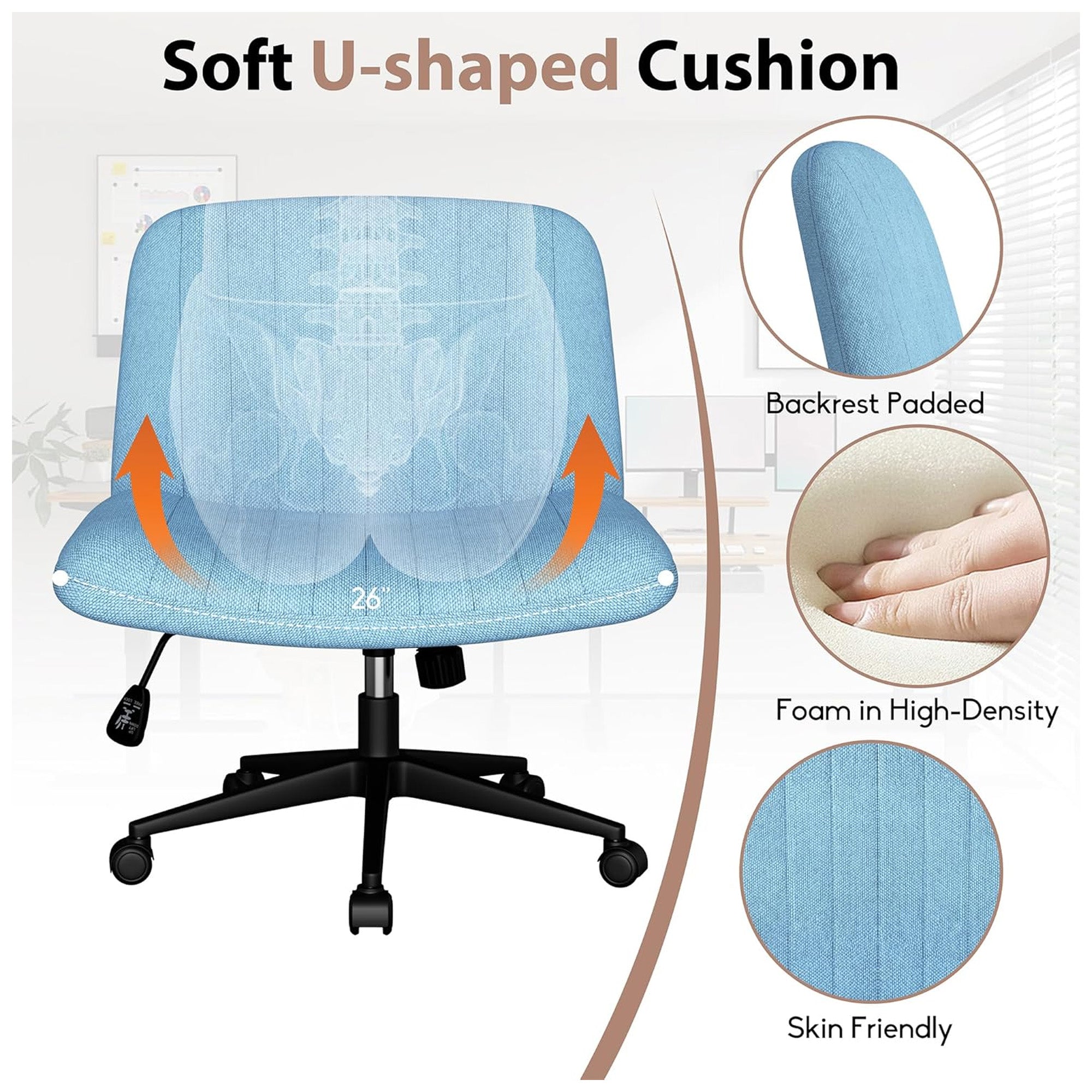 SUNLEI Cross-Legged Chair w/Wheels, Adjustable Swivel, Armless, Blue(Open Box) - VMInnovations