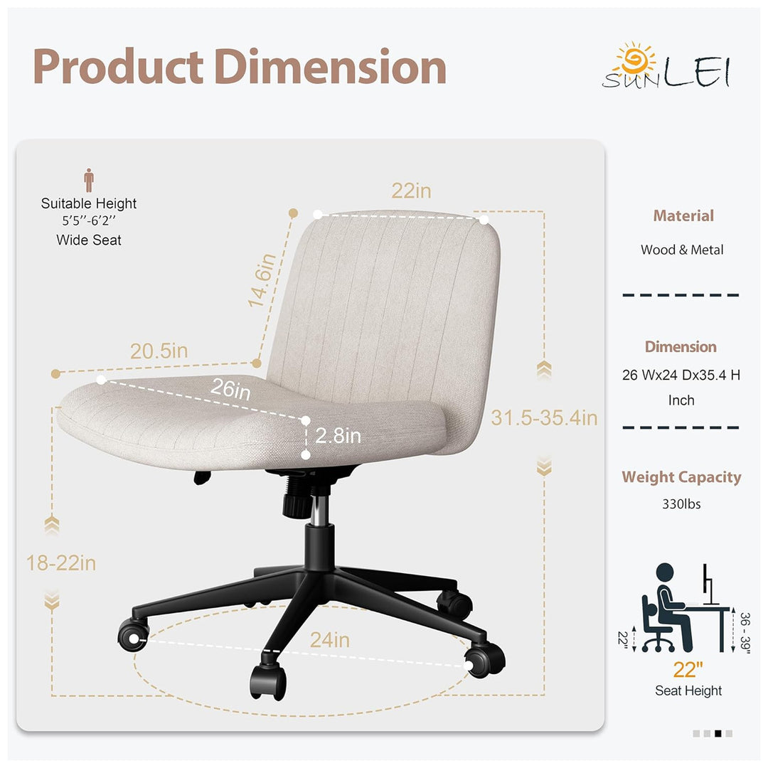 SUNLEI Cross-Legged Office Chair w/Wheels, Adjustable Swivel, Armless(Open Box)