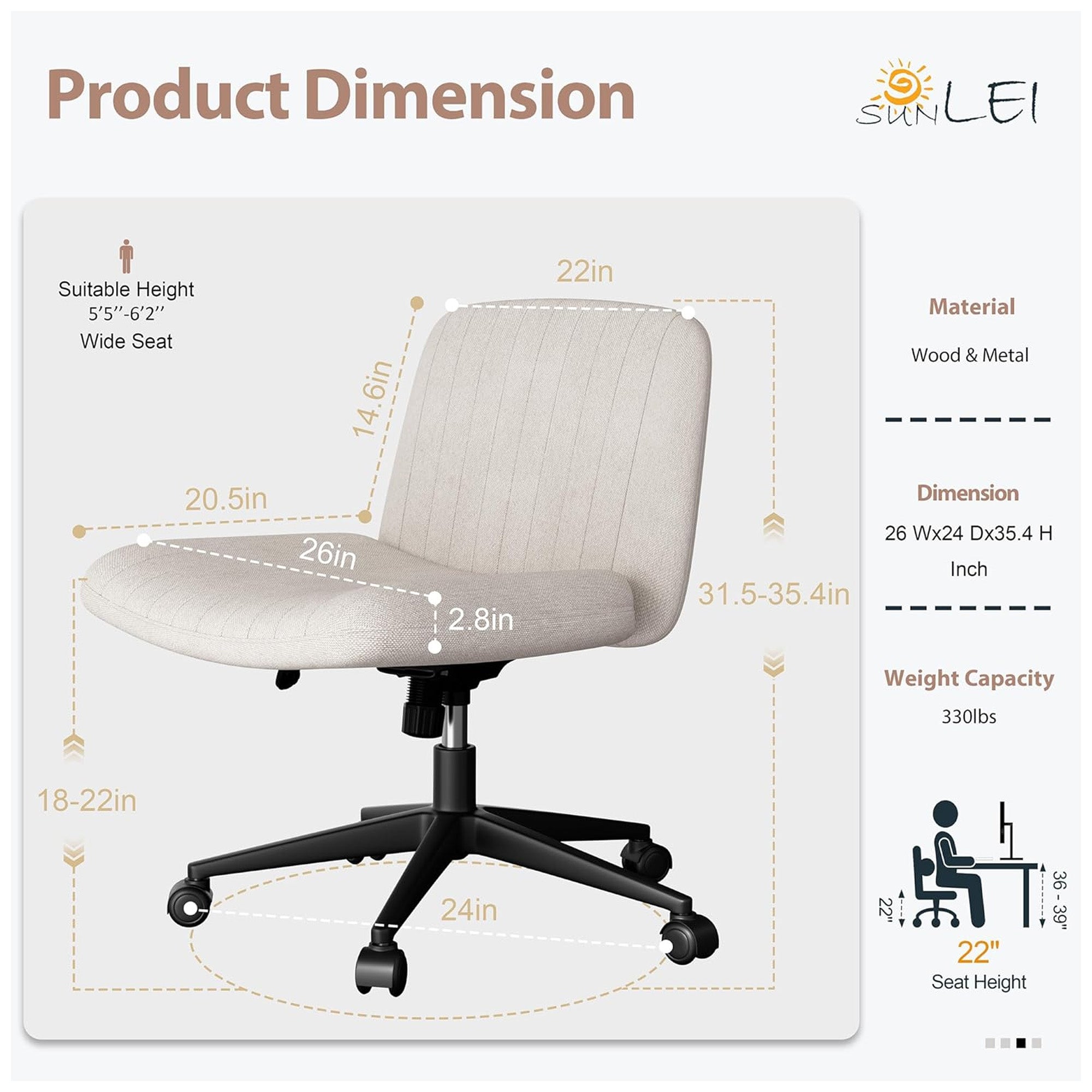 SUNLEI Cross-Legged Office Chair w/Wheels, Adjustable Swivel, Armless(Open Box) - VMInnovations