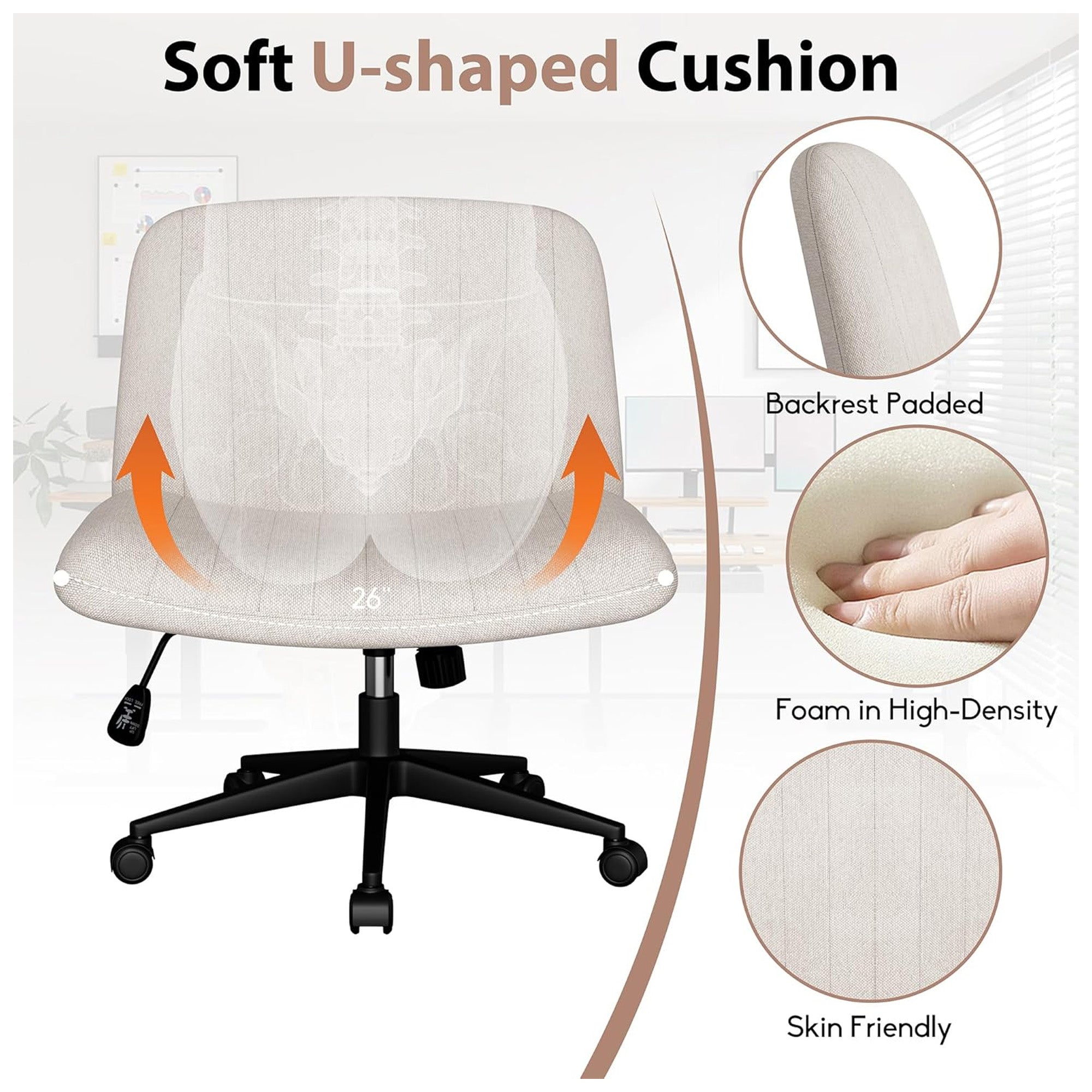 SUNLEI Cross-Legged Office Chair w/Wheels, Adjustable Swivel, Armless(Open Box) - VMInnovations