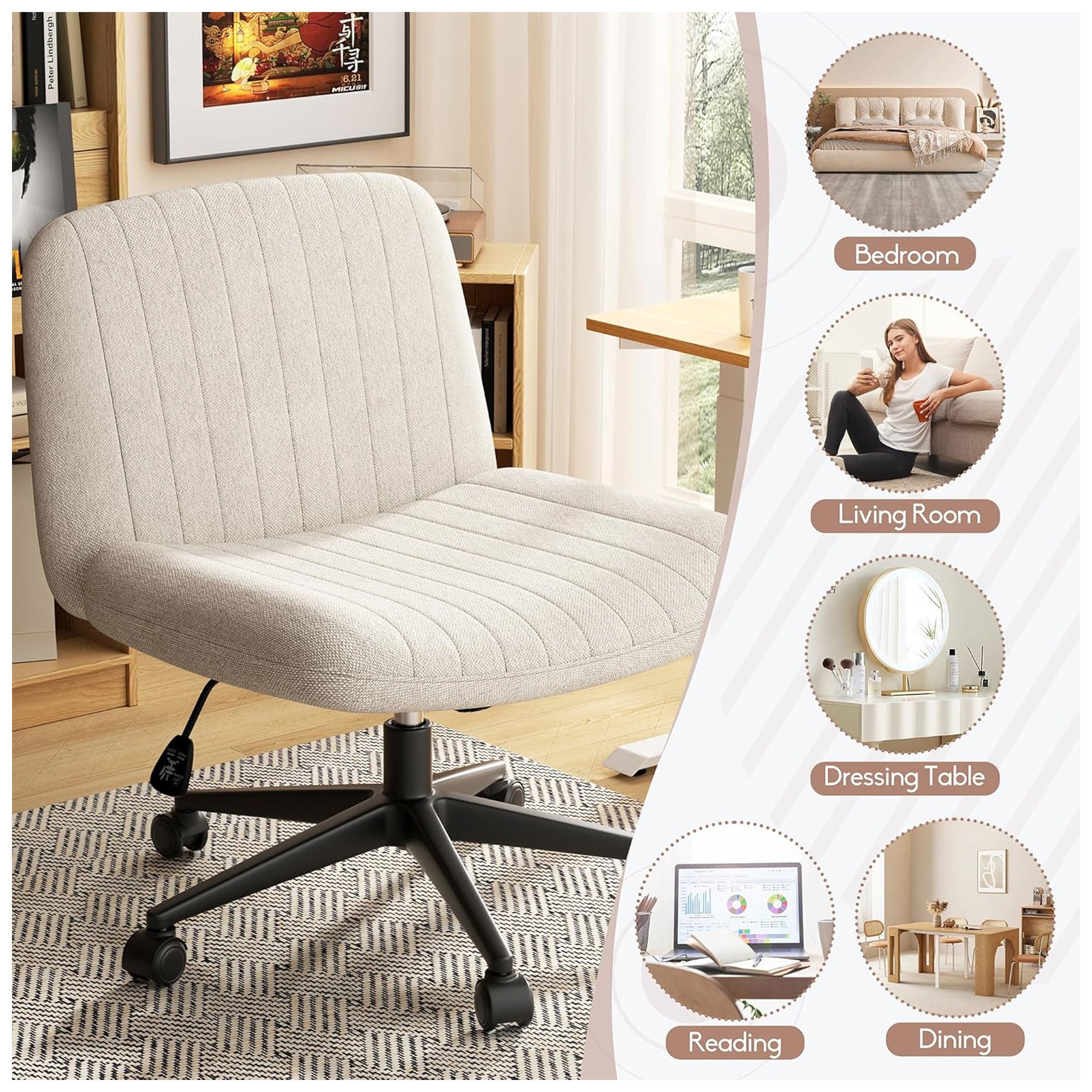 SUNLEI Cross-Legged Office Chair w/Wheels, Adjustable Swivel, Armless(Open Box) - VMInnovations