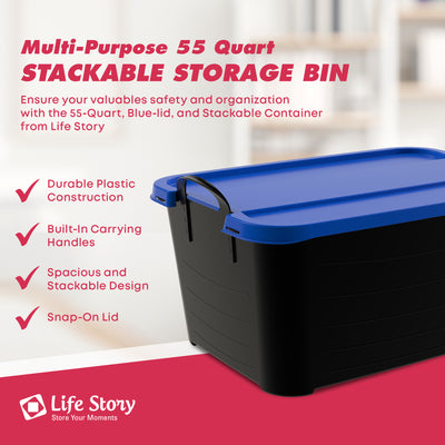 Life Story 55 Qt Stackable Storage Bin, Versatile Lidded Container, Black/Blue