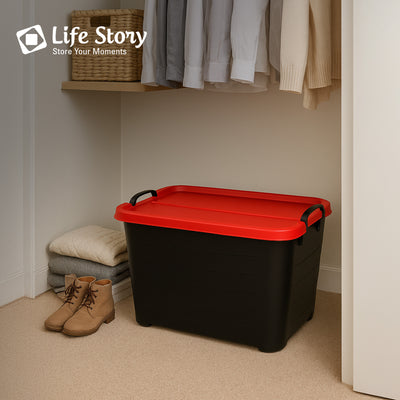 Life Story 55 Qt Stackable Storage Bin, Versatile Lidded Container, Black/Red