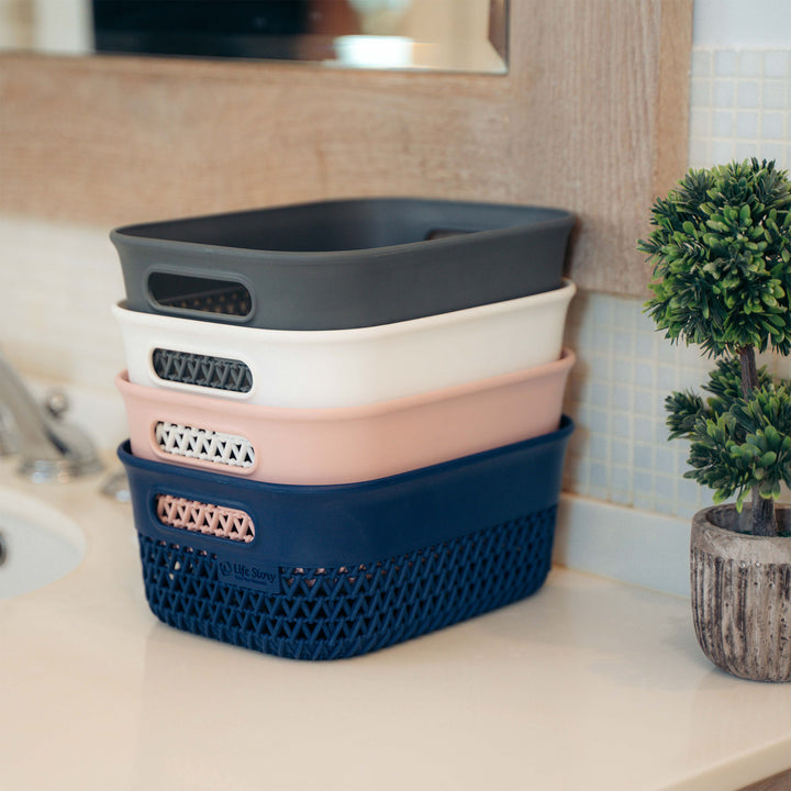 Life Story 4 Qt Decorative Storage Basket, Small Plastic Home Organizer, White