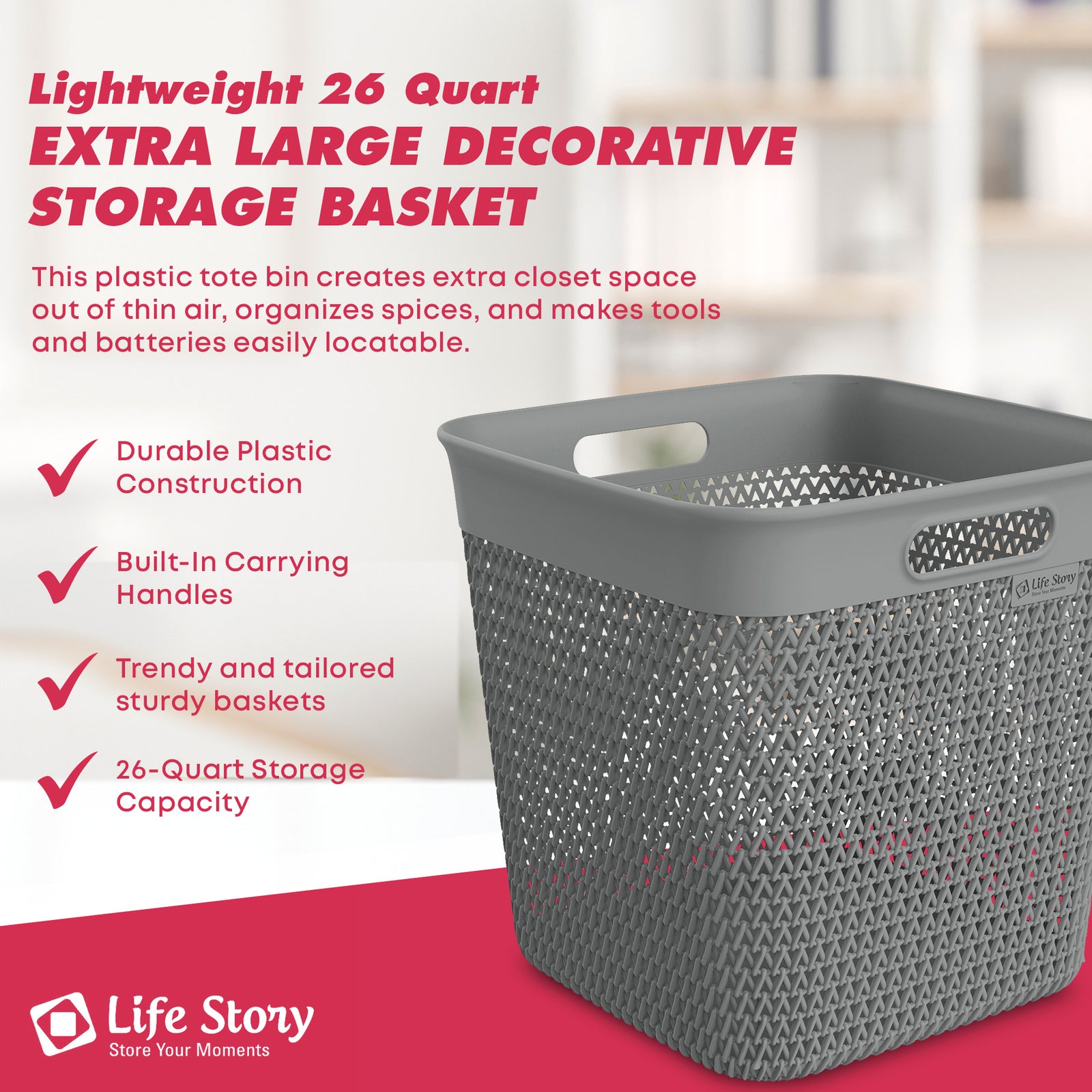 Life Story 26 Qt Decorative Storage Basket, Extra Large Plastic Home Organizer - VMInnovations