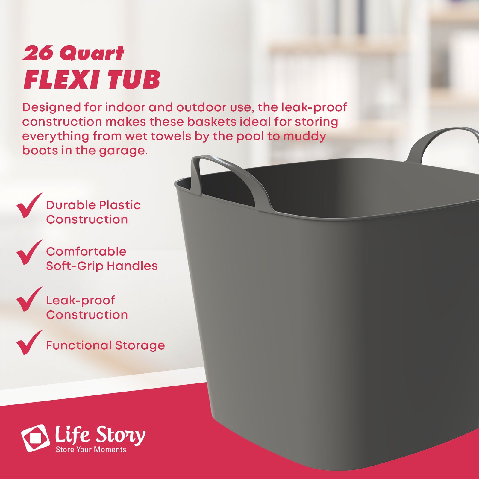 Life Story 26 Quart Flexi Tub, Versatile Storage Tote, Home Organizer, Gray - VMInnovations