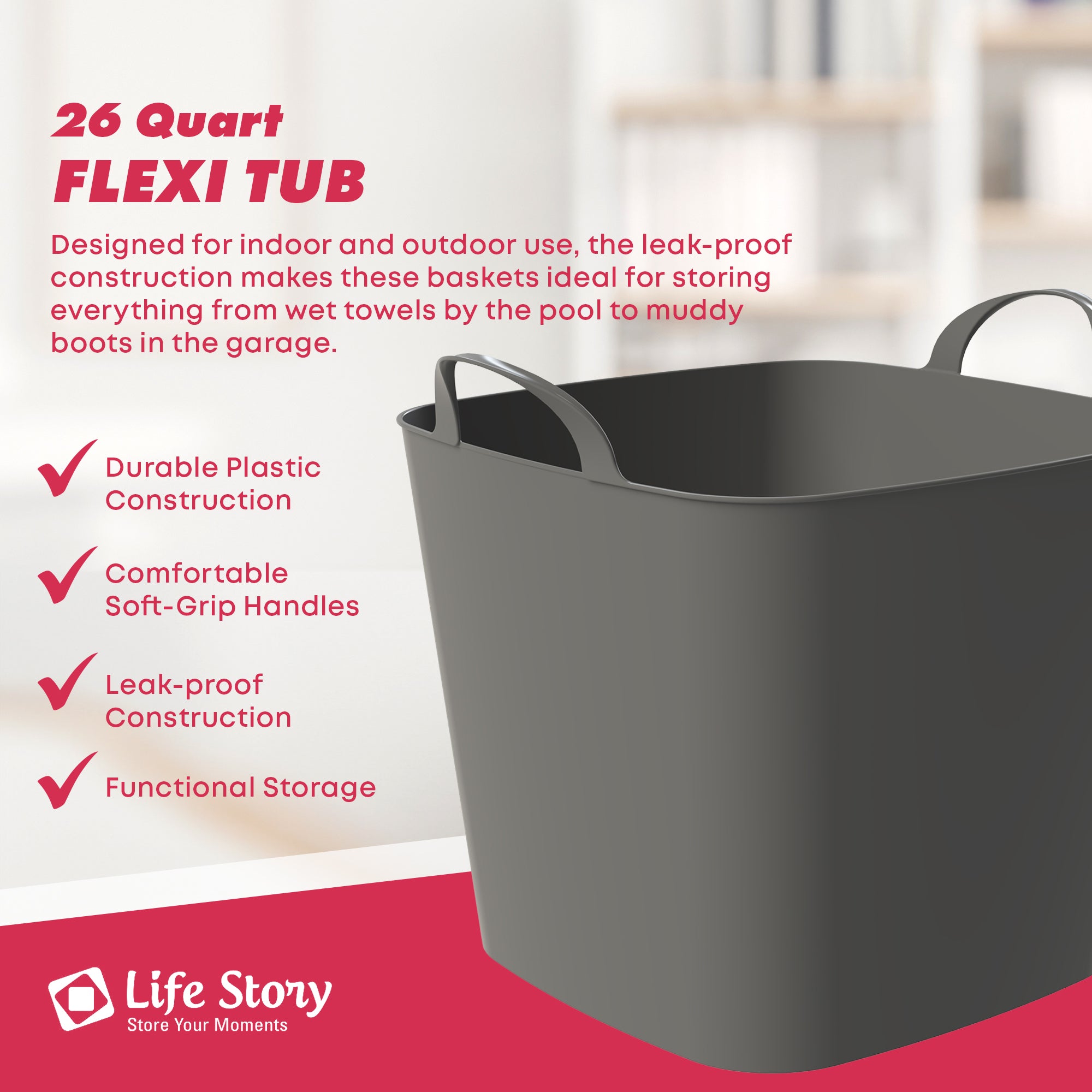 Life Story 26 Quart Flexi Tub, Versatile Storage Tote, Home Organizer, Gray - VMInnovations