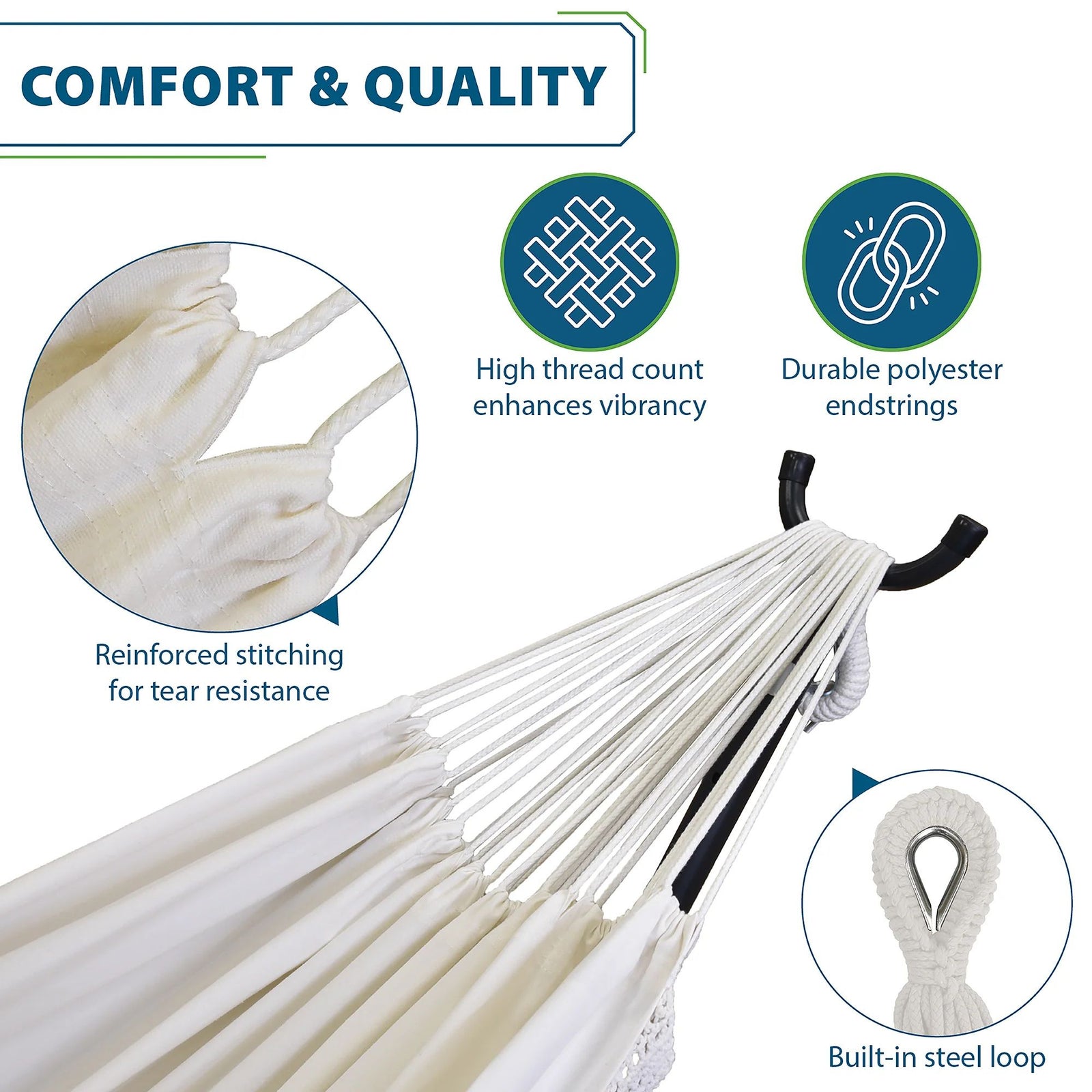 Vivere Double Cotton Hammock, Comfortable Daybed with Steel Stand, 9', Natural - VMInnovations