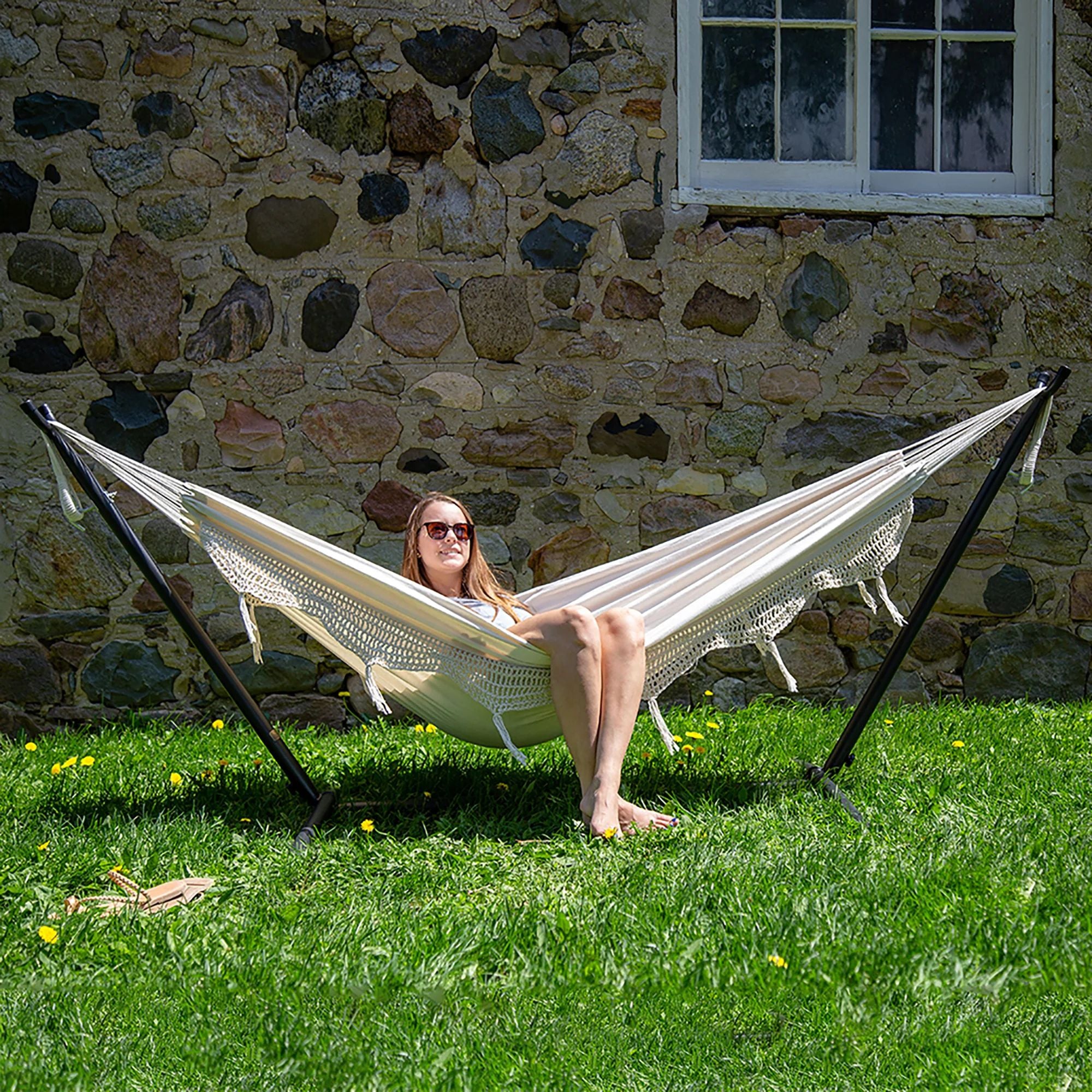 Vivere Double Cotton Hammock, Comfortable Daybed with Steel Stand, 9', (Used) - VMInnovations