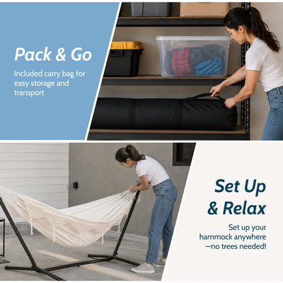 Vivere Double Cotton Hammock, Comfortable Daybed with Steel Stand, 9', (Used) - VMInnovations