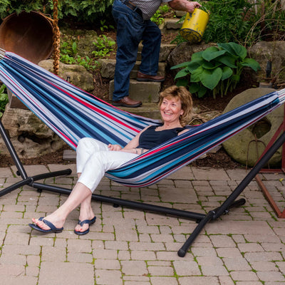 Vivere Double Cotton Hammock, Comfortable Daybed with Steel Stand, 9' (Open Box) - VMInnovations