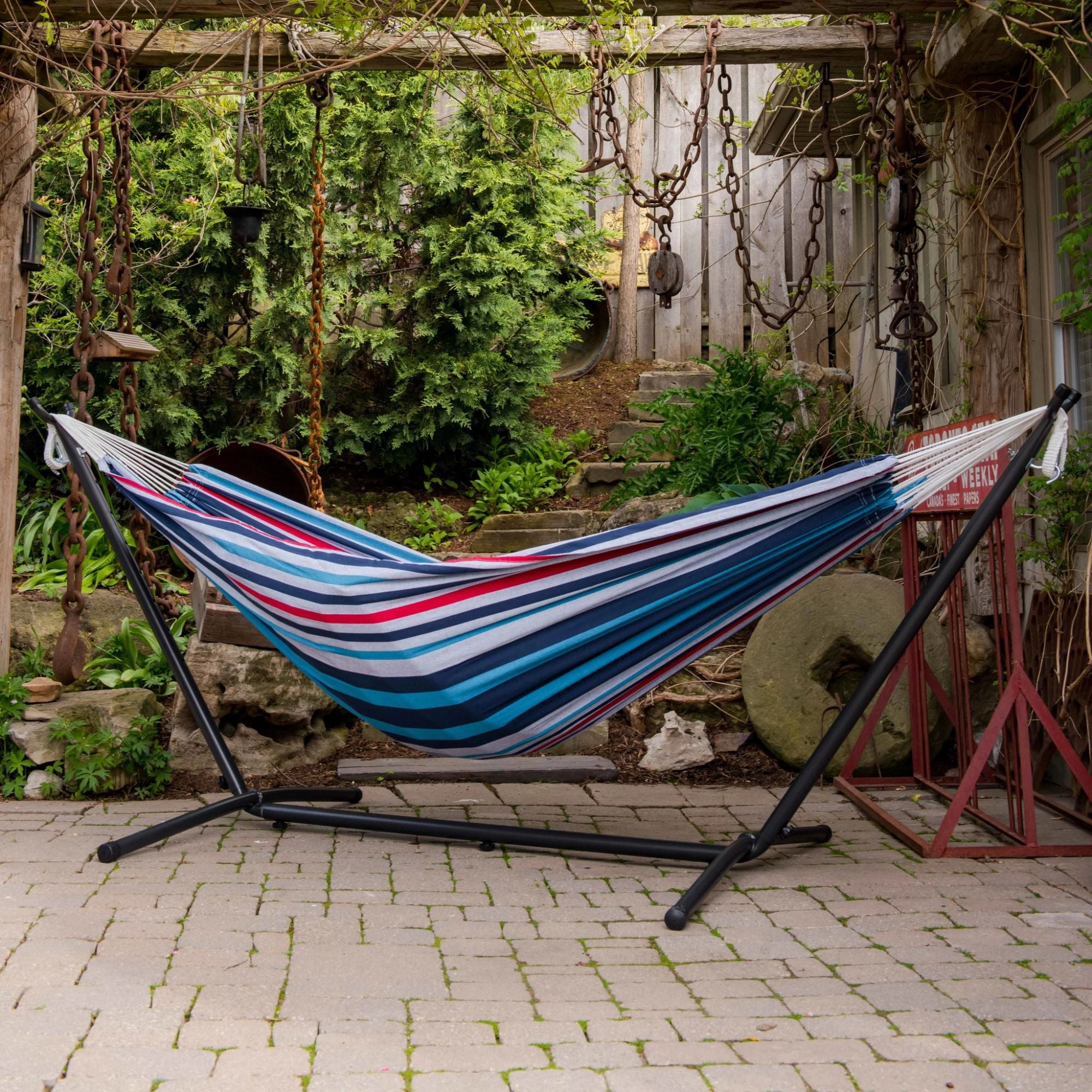 Vivere Double Cotton Hammock, Comfortable Daybed with Steel Stand, 9' (Open Box) - VMInnovations