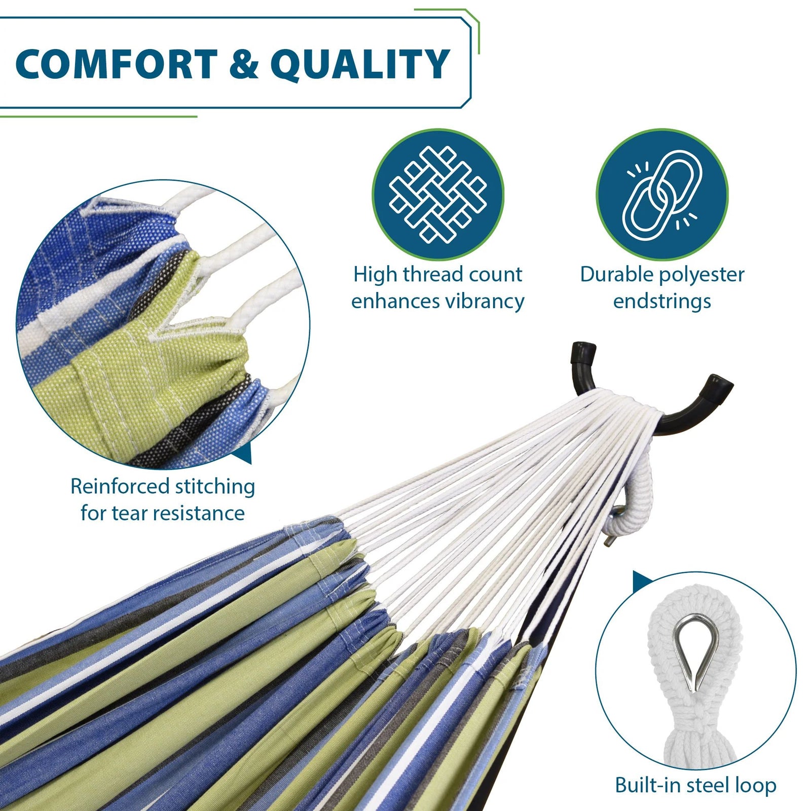 Vivere Double Cotton Hammock, Comfortable Daybed with Steel Stand, 9', Oasis - VMInnovations