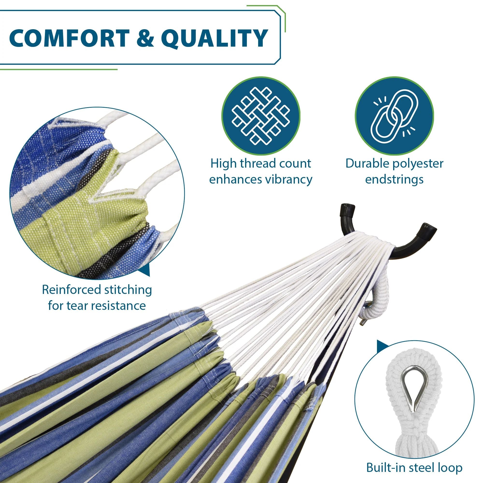Vivere Double Cotton Hammock, Comfortable Daybed with Steel Stand (Open Box)