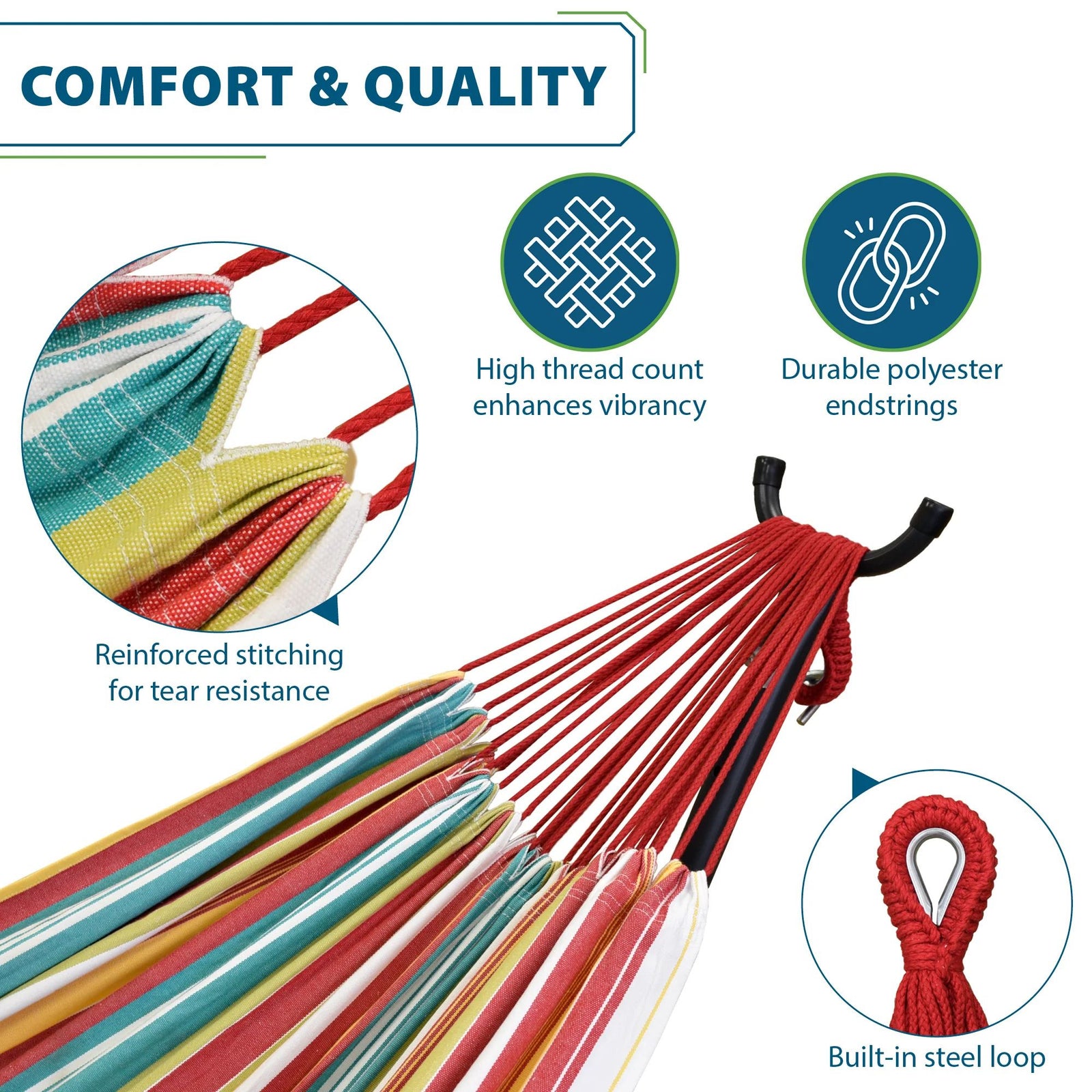 Vivere Double Cotton Hammock, Comfortable Daybed with Steel Stand, 9', Salsa - VMInnovations