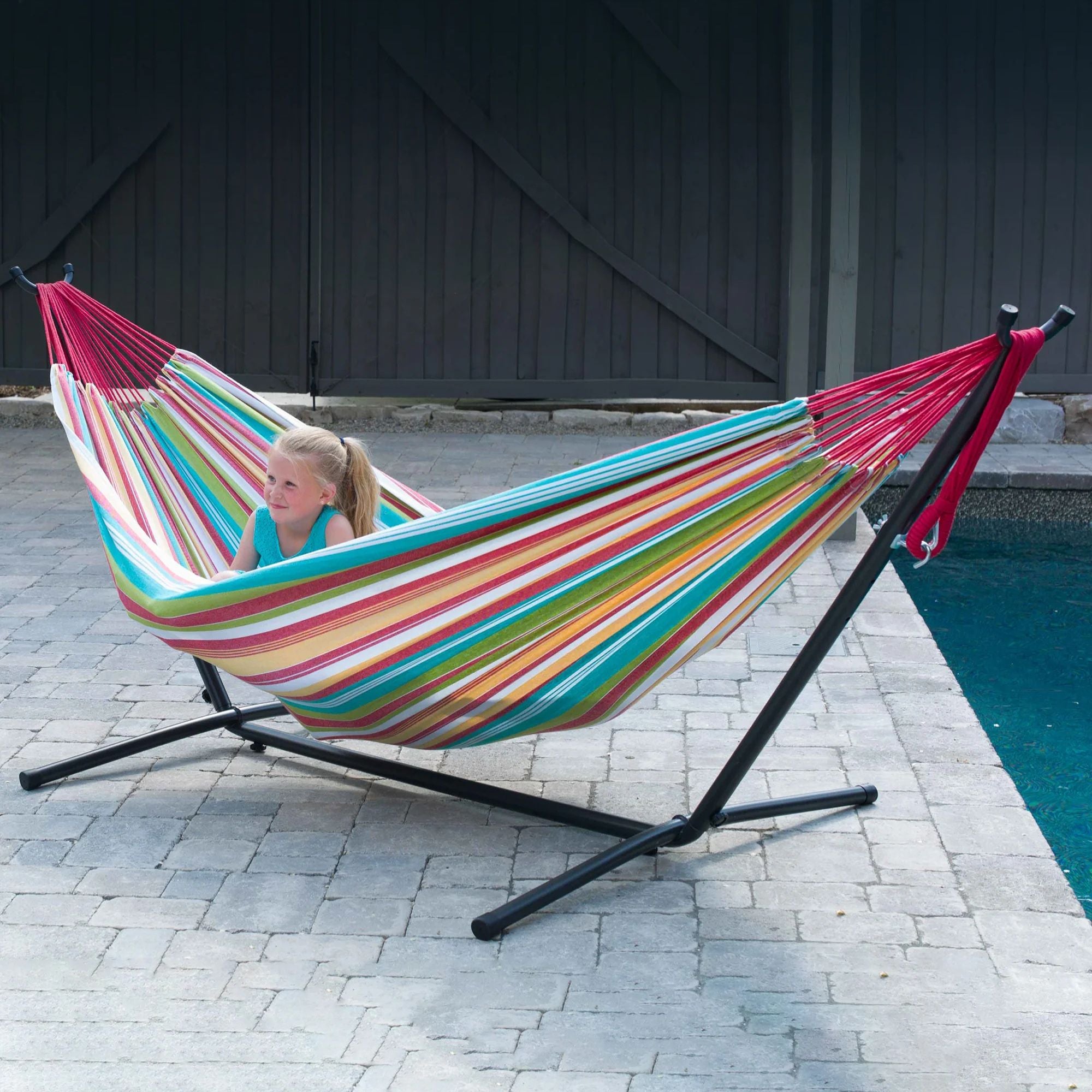 Vivere Double Cotton Hammock, Comfortable Daybed with Steel Stand, 9' (Open Box) - VMInnovations