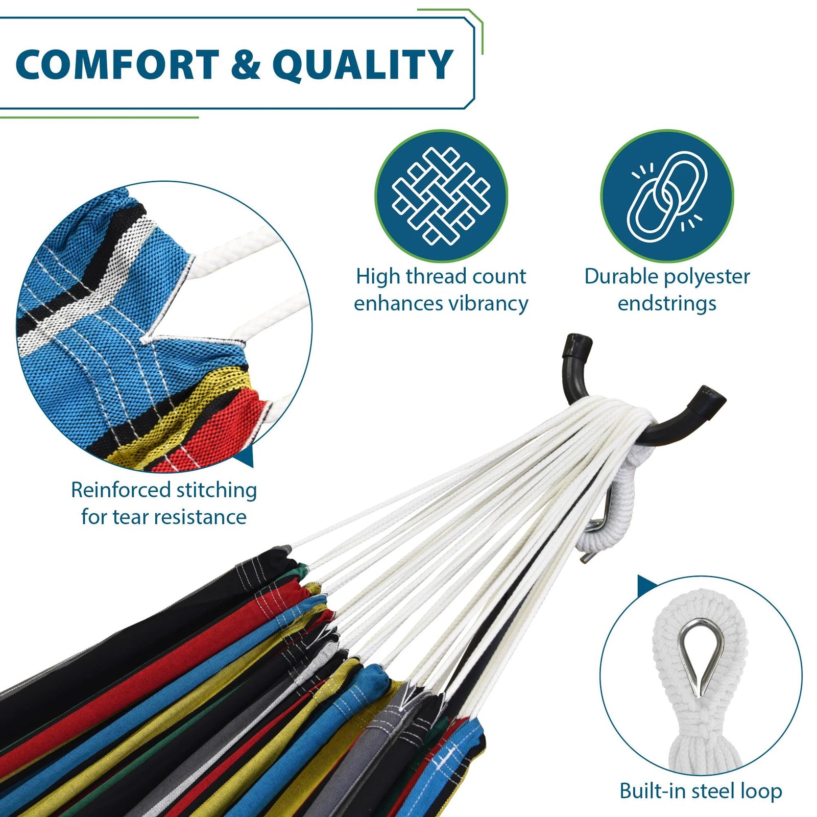Vivere Double Cotton Hammock, Comfortable Daybed with Steel Stand, 9', Rio Night - VMInnovations