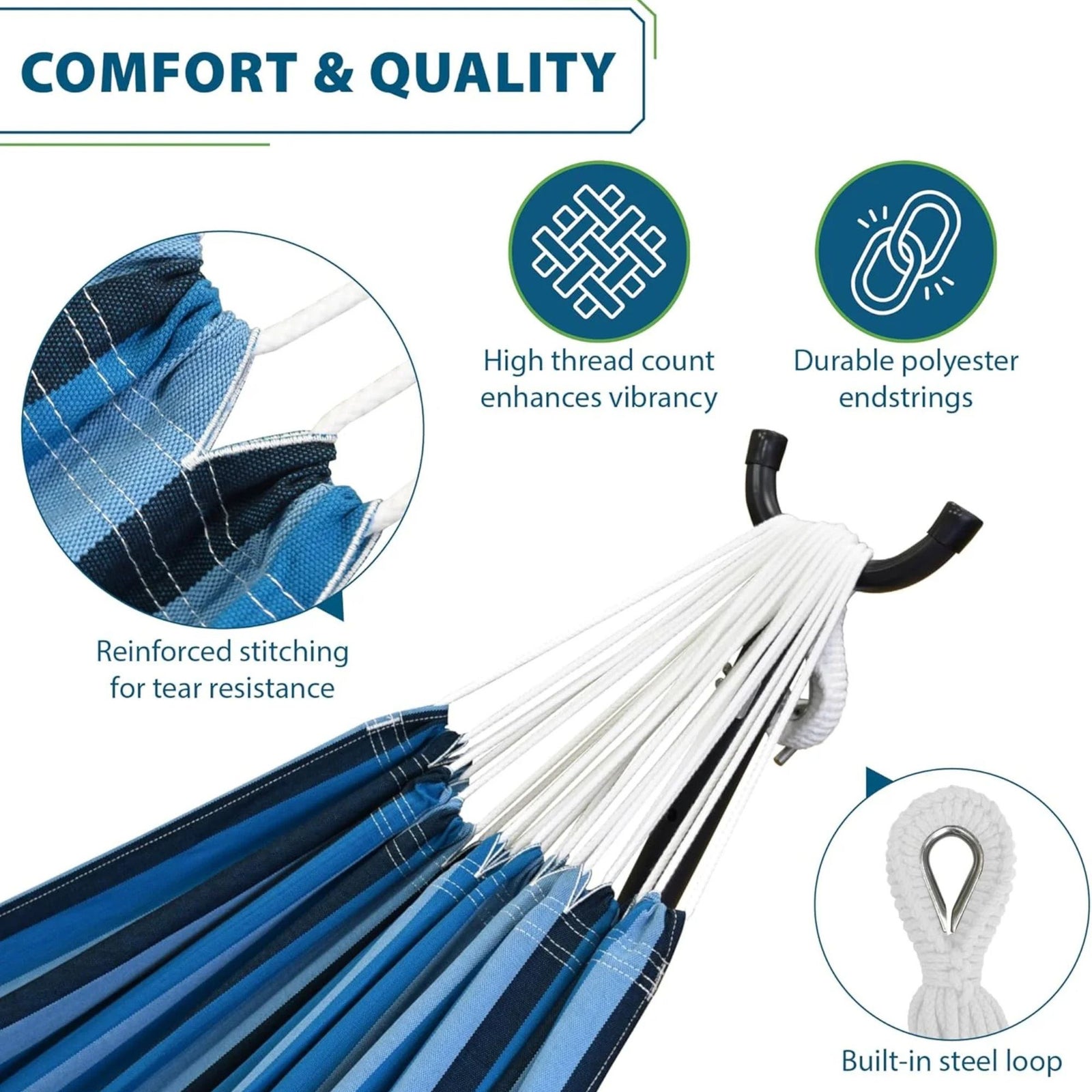 Vivere Double Cotton Hammock, Comfortable Daybed, Steel Stand, 9', Blue Lagoon - VMInnovations