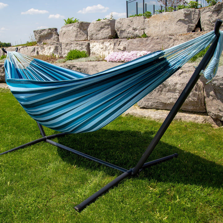 Vivere Double Cotton Hammock, Comfortable Daybed, Steel Stand, 9', Blue (Used)